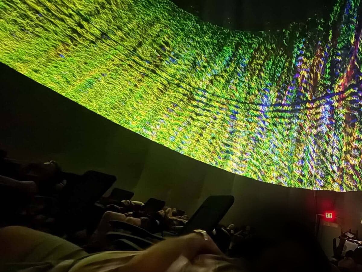 An audience reclined in the dark beneath a dome lit with green and violet projection