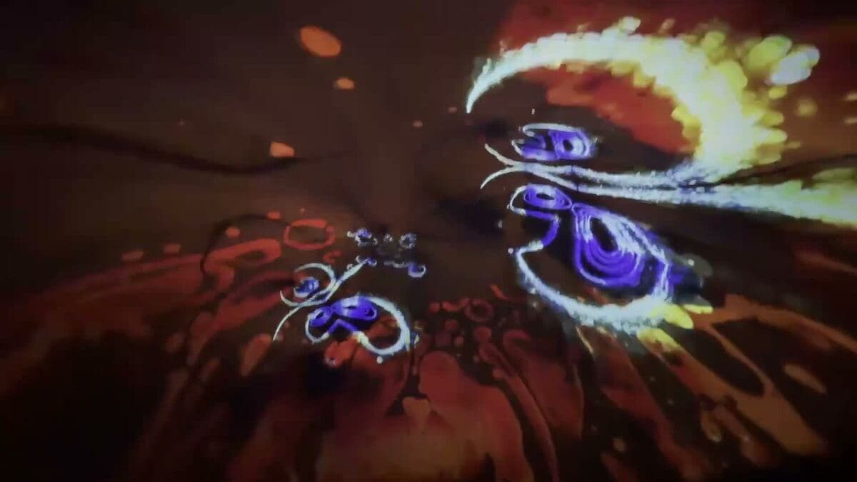 Swirls of orange and violet liquid light projected across the dome